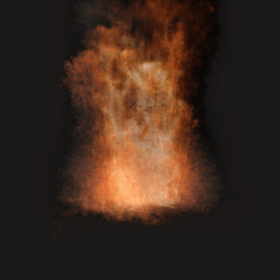 A sustained volumetric campfire curls and flickers