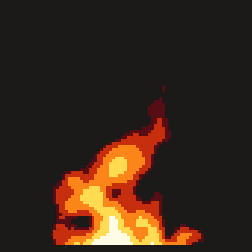 Looping pixel-art flames flicker through warm palette bands
