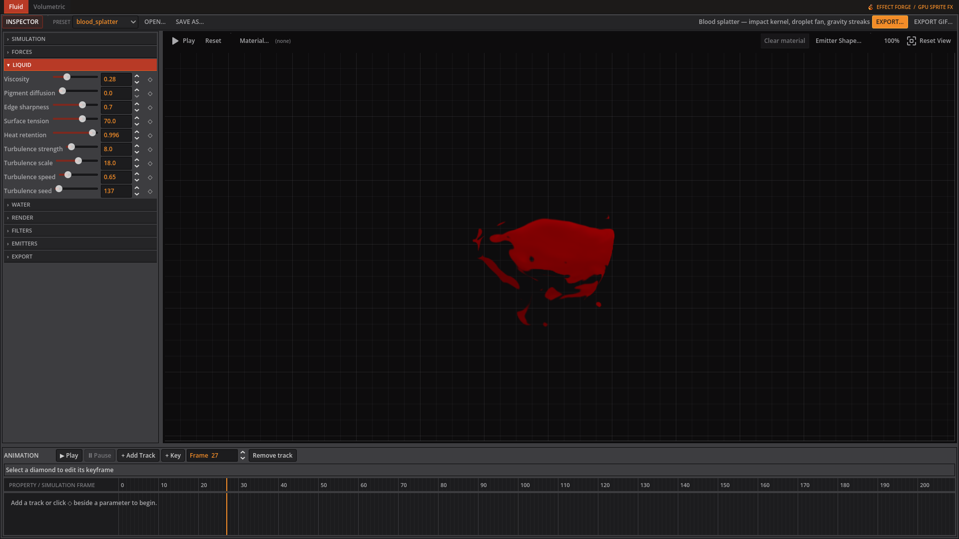 Blood splatter preview in the Fluid editor