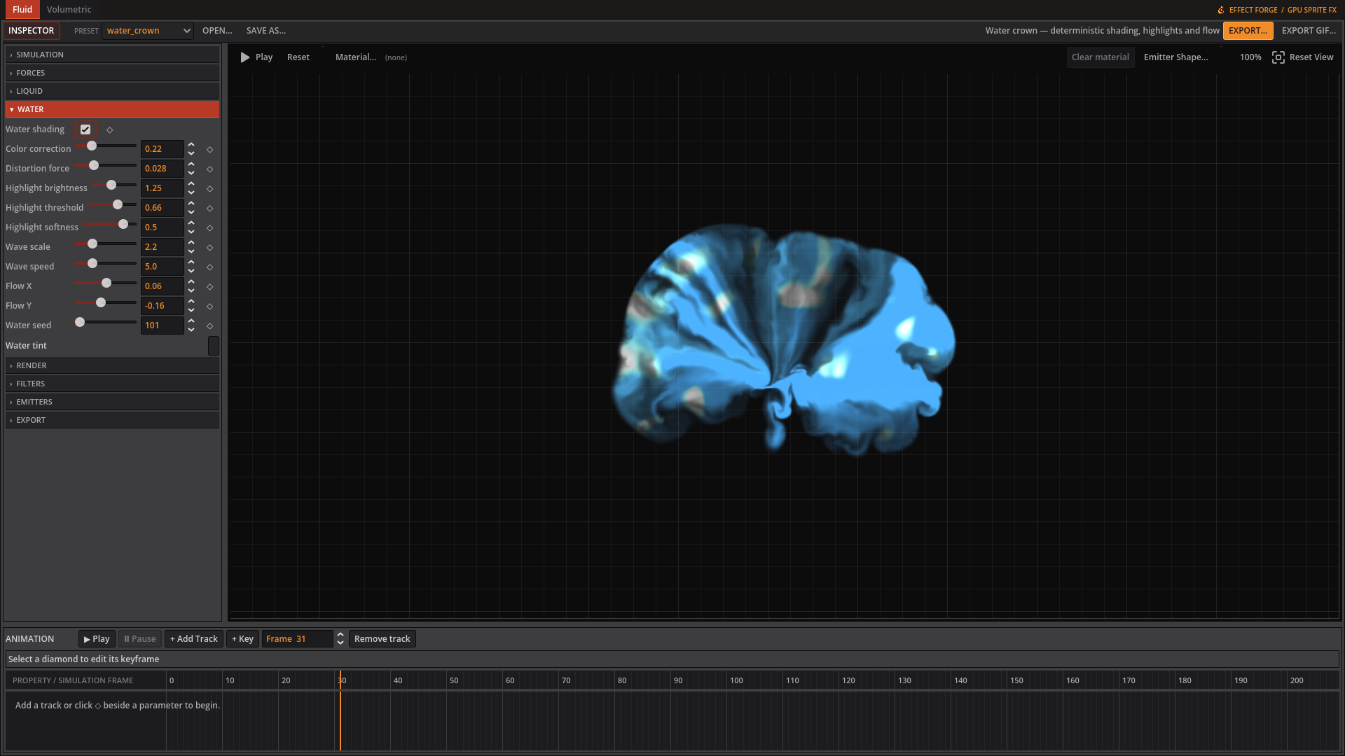 Water crown splash preview in the Fluid editor