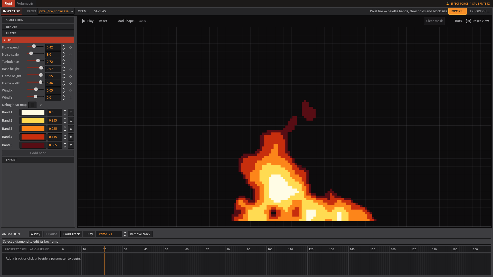 Pixel fire preview and Fire controls in the Fluid editor