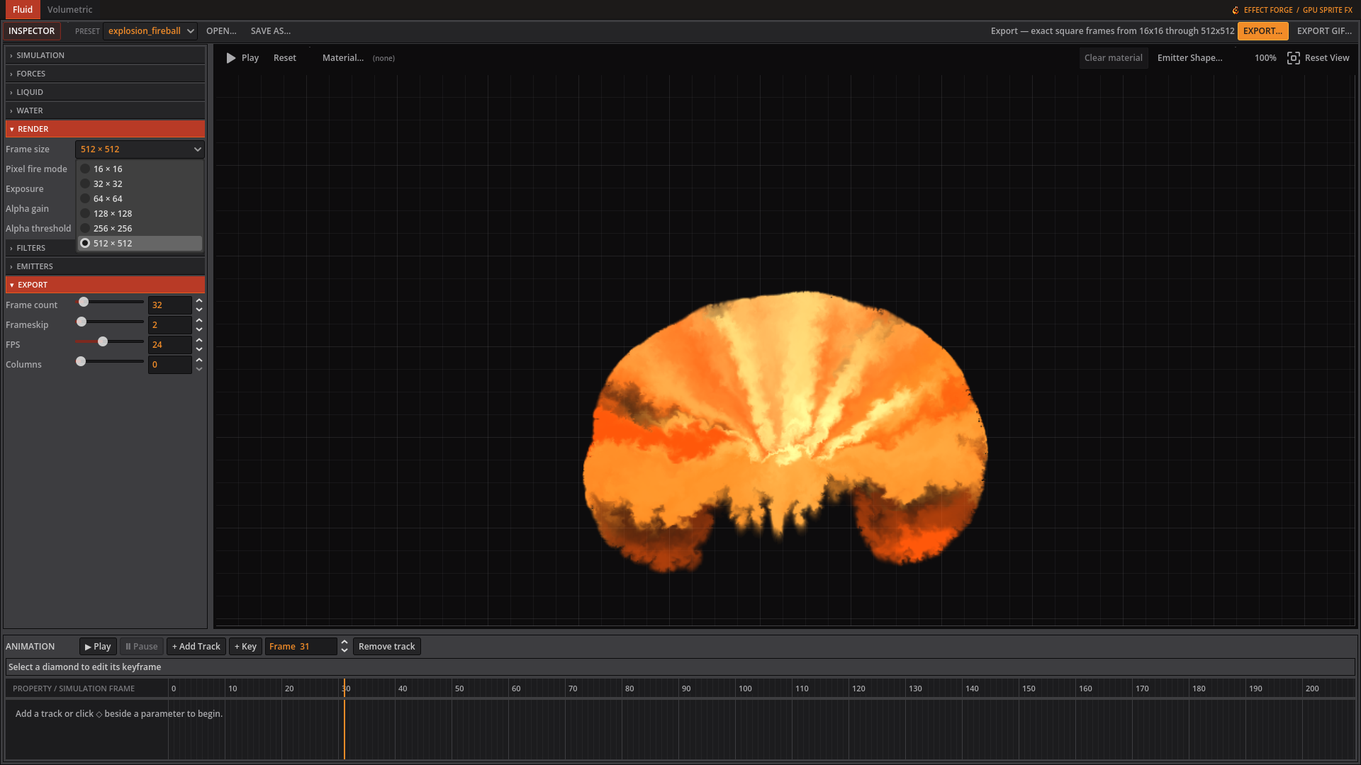 Fluid editor with the export frame-size dropdown open