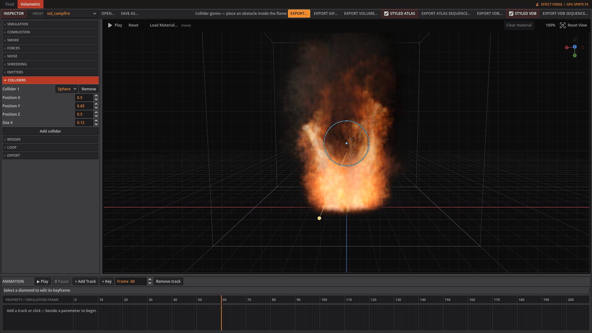 Campfire preview with a sphere collider circle and the Colliders tab open