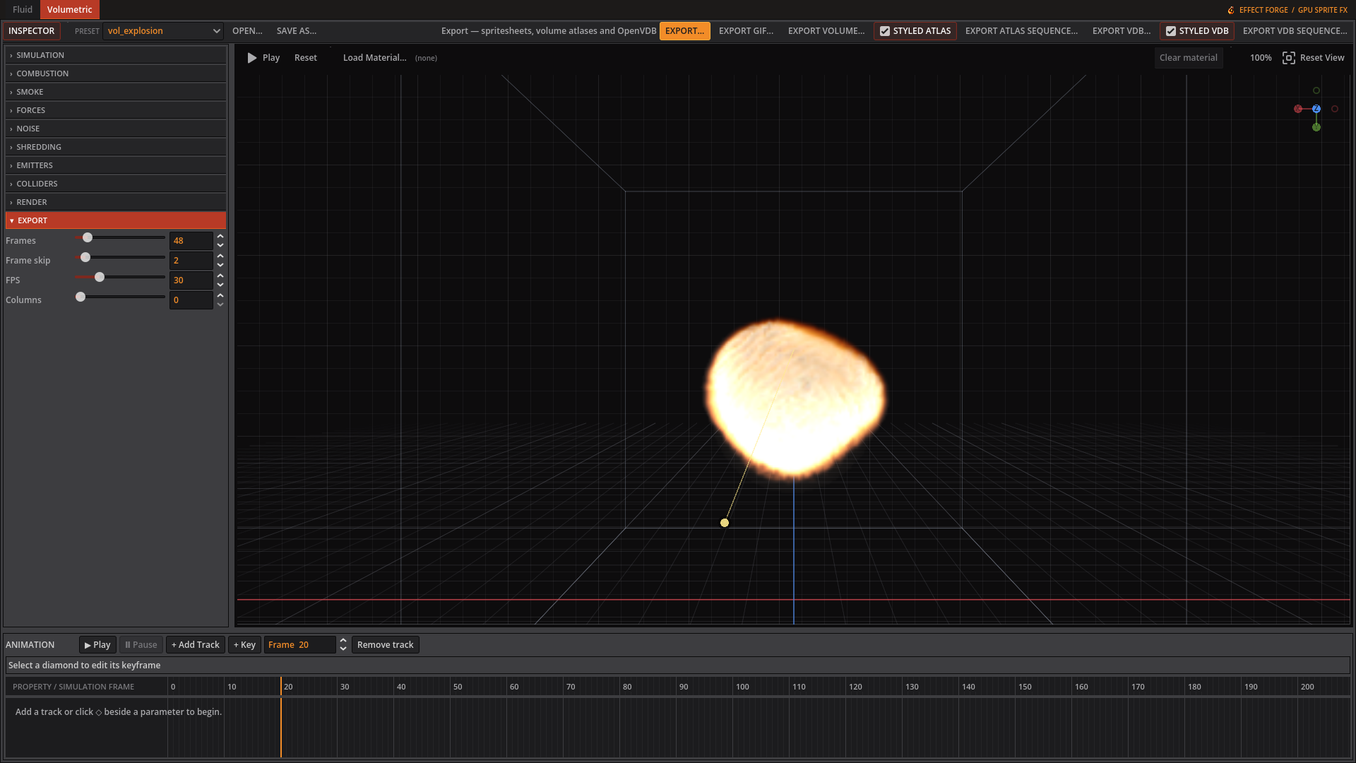 Volumetric Export tab and export buttons in the toolbar