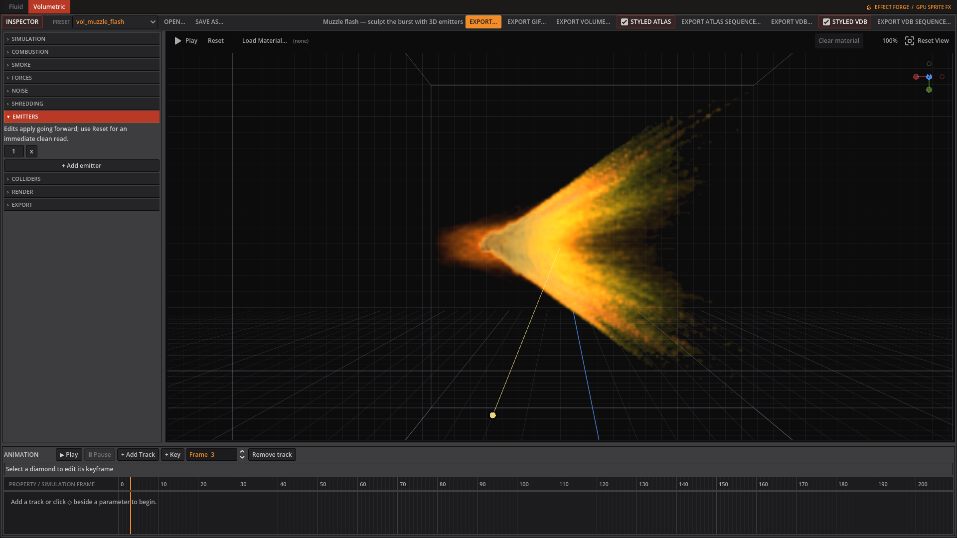 Rifle muzzle flash in the editor with 3D emitter controls and the animation timeline