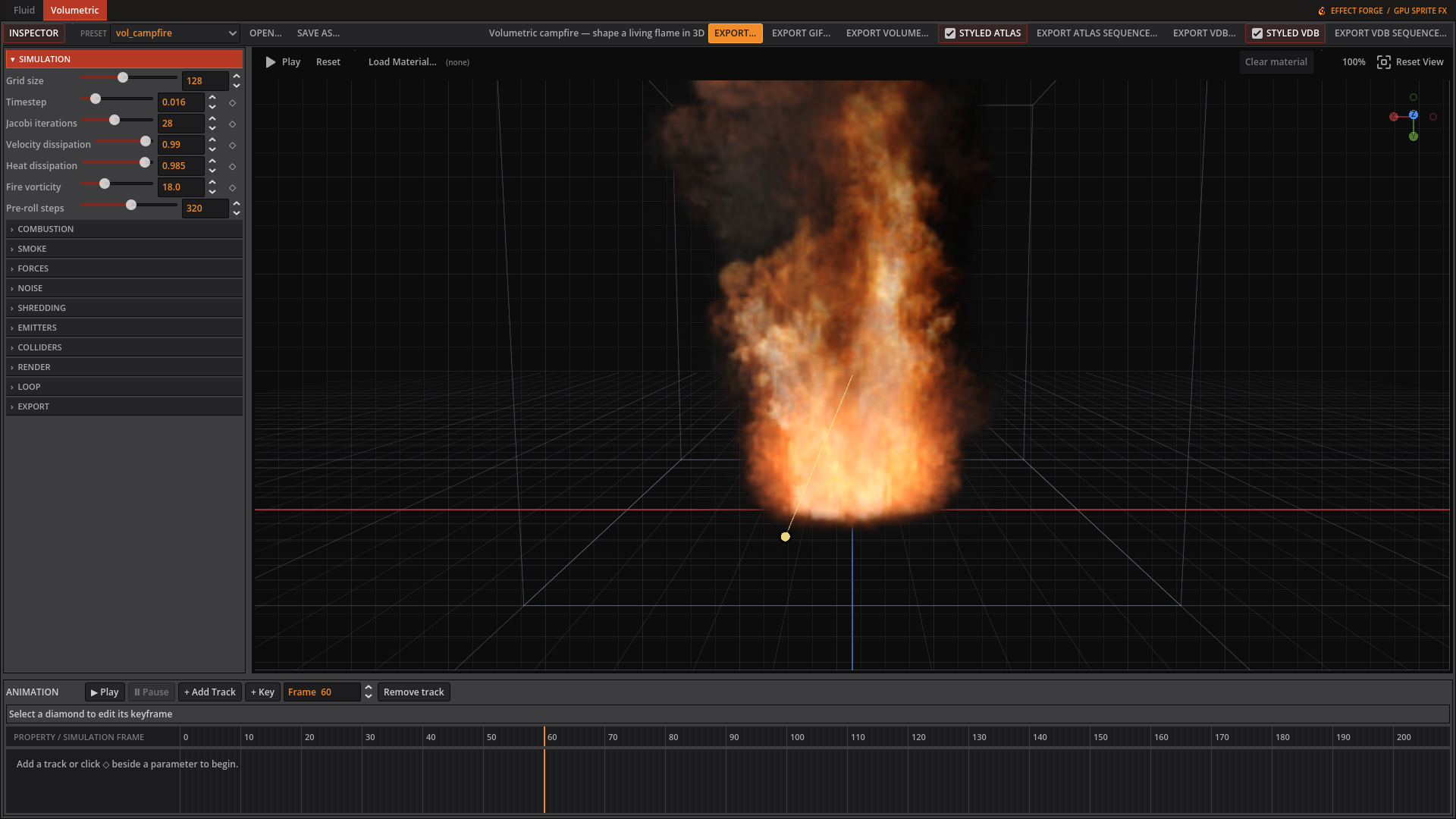 Volumetric campfire editor with toolbar, inspector, preview, and timeline