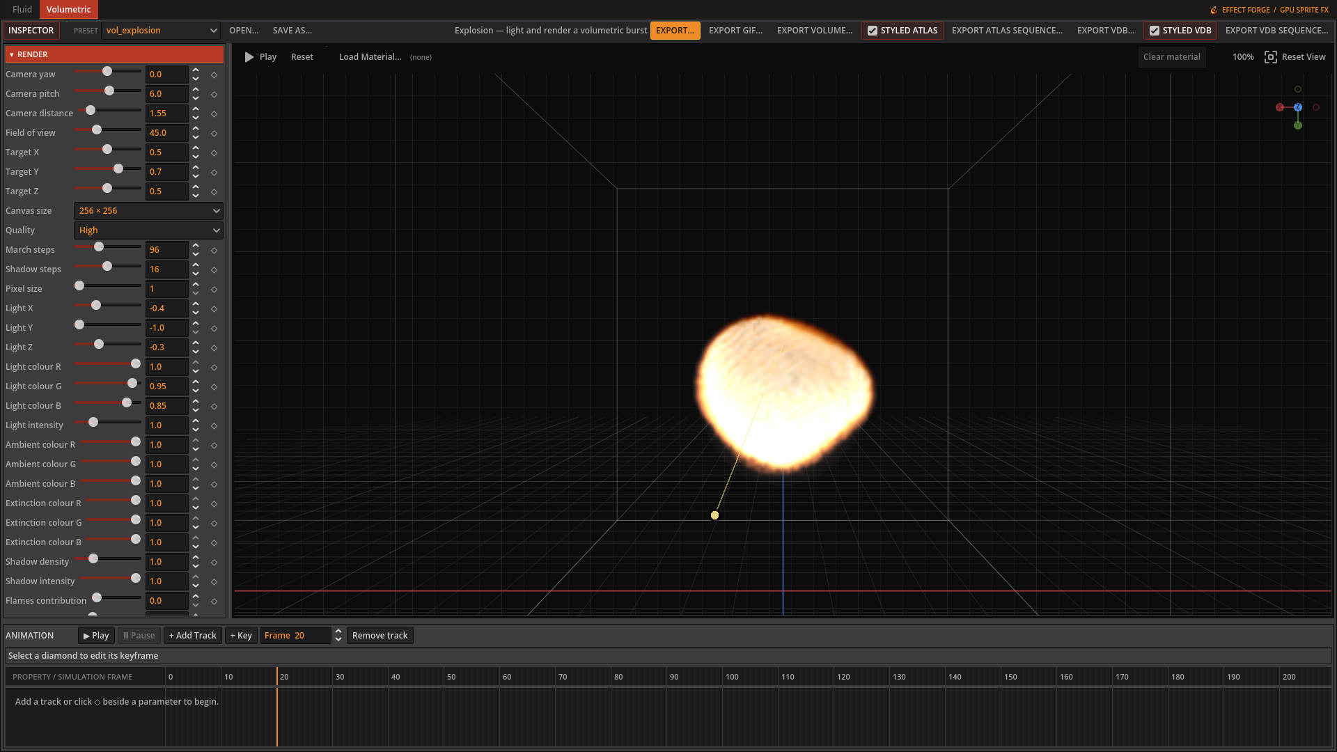 Explosion preview in the Volumetric editor with the Render tab open