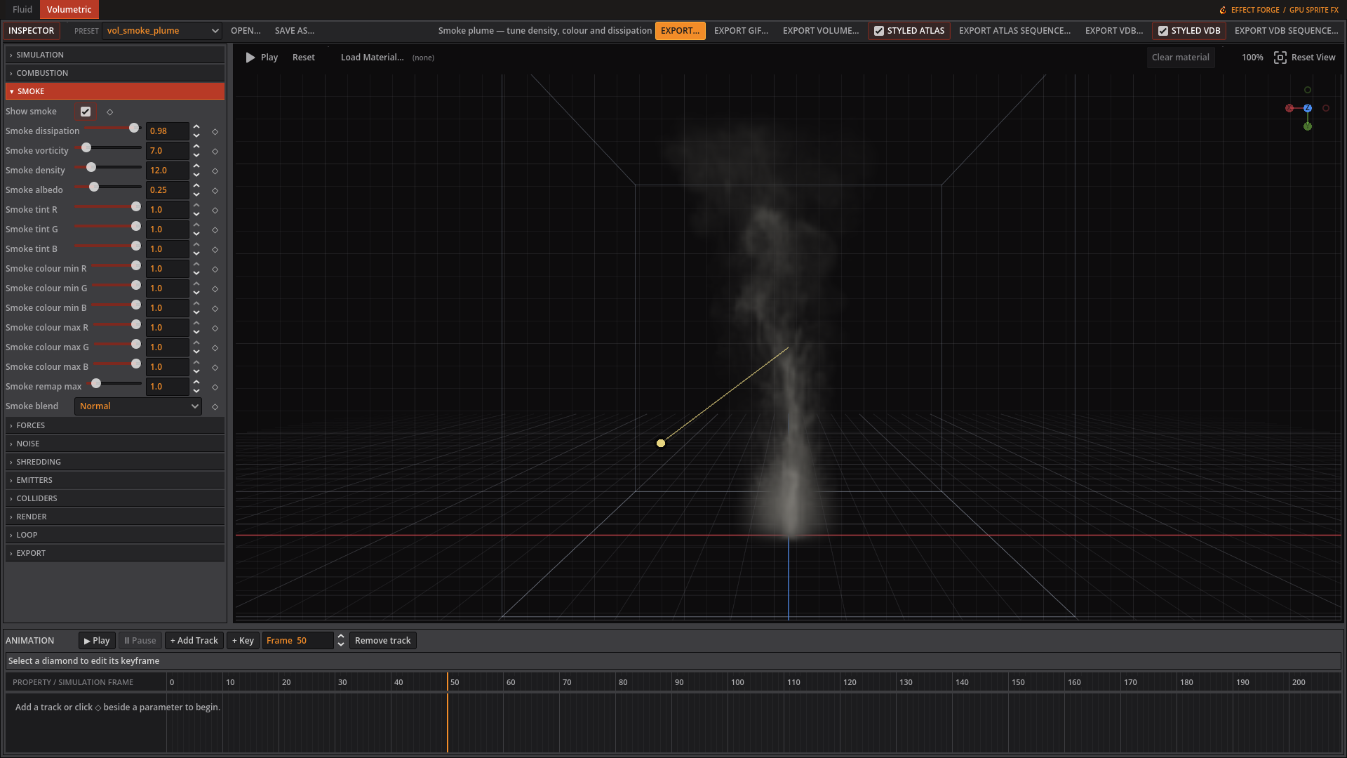 Smoke plume in the Volumetric editor with the Smoke tab open