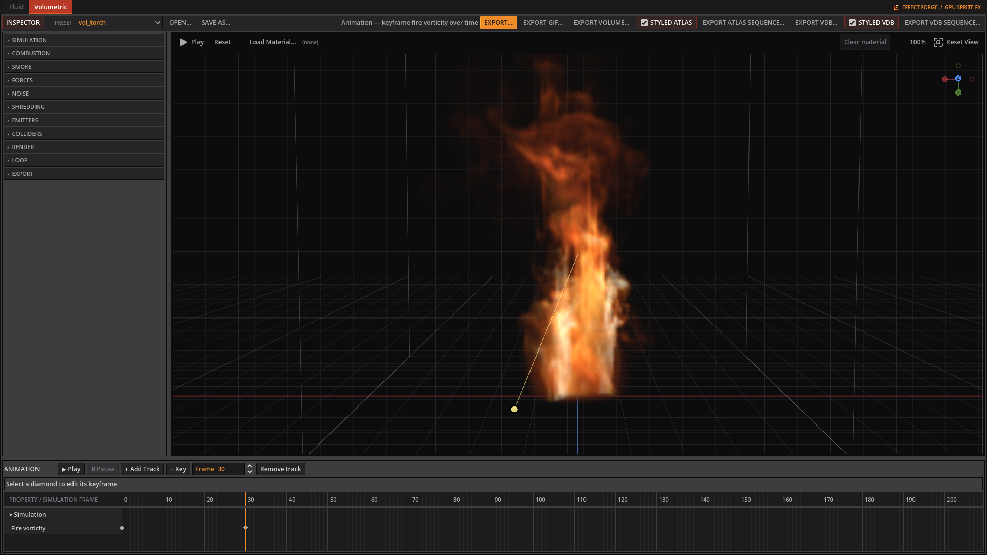 Torch preview with Fire vorticity keyframes on the timeline